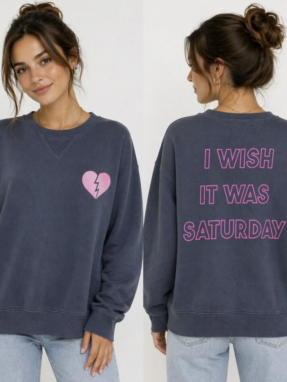 Wildfox Women's Crewneck Sweatshirt "I Wish It Was Saturday" Charcoal Pink Large